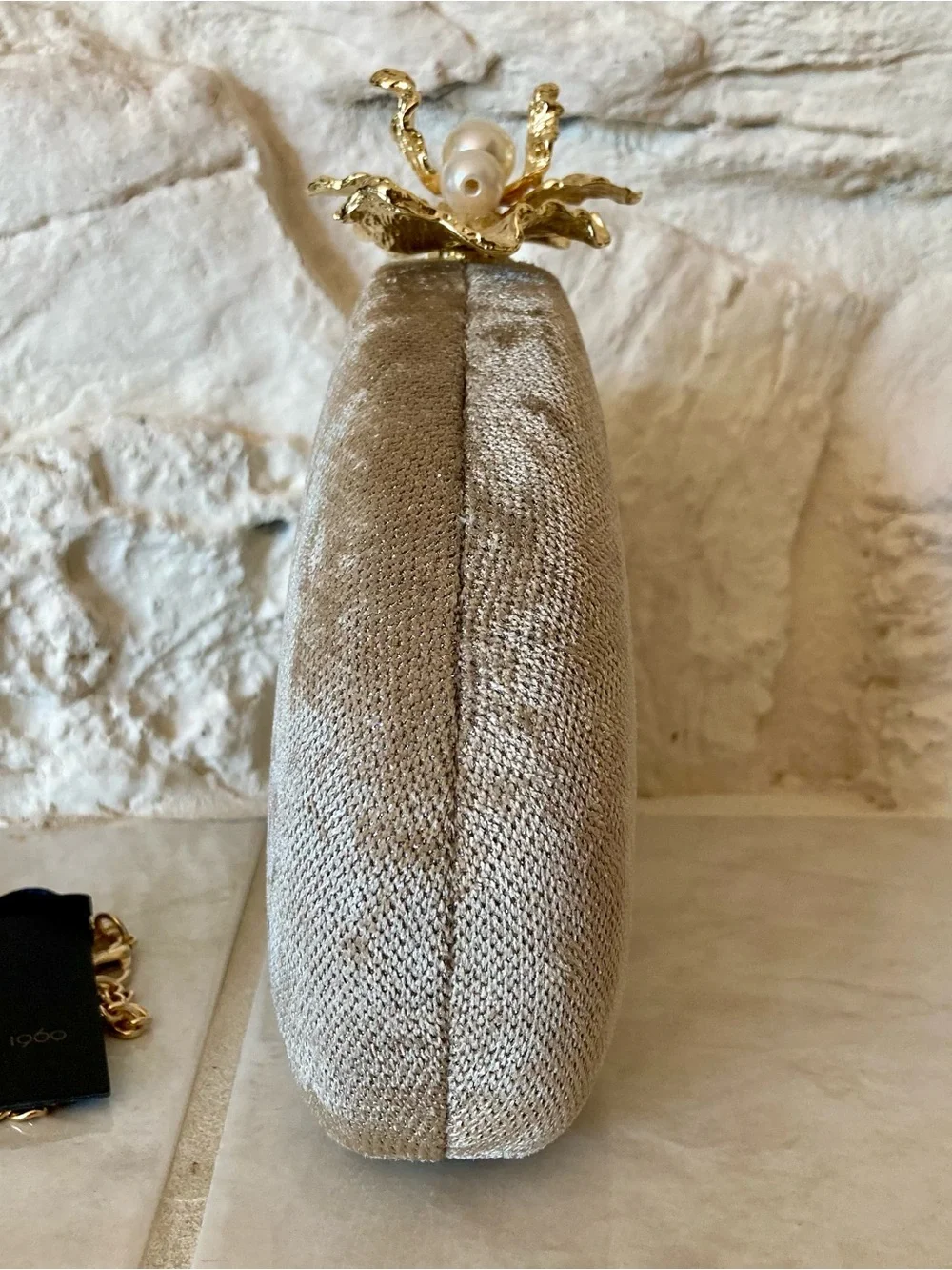 NWT House of Harlow 1960 Champagne Velvet Clutch with Gold Pearl Flower